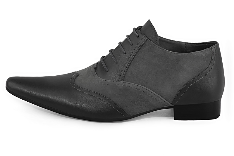Dark grey lace-up dress shoes for men. Tapered toe. Flat leather soles. Profile view - Florence KOOIJMAN